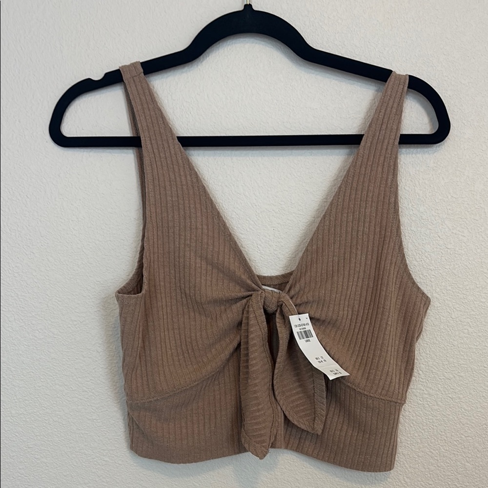 Ribbed Tan Tie-Front Top